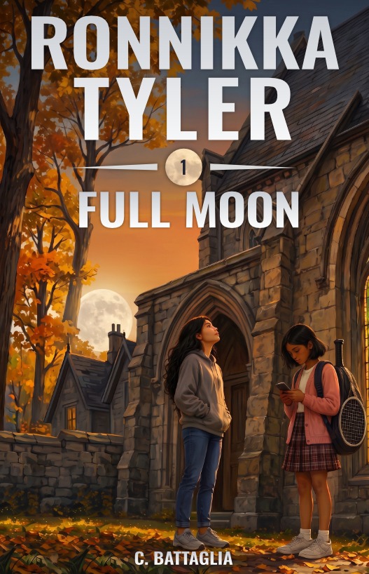 Cover of Full Moon, Ronnikka Tyler Book 1: two girls outside a stone church at dusk, a full moon low in the sky.